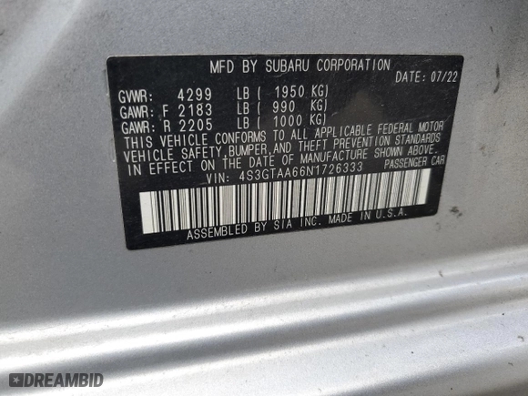 2022 Subaru Impreza with VIN 4S3GTAA66N1726333, listed as a Copart auction lot 66406764 with 33,468 mi miles and Salvage Title. Bid and sale history available at carsss.com. Image 13.