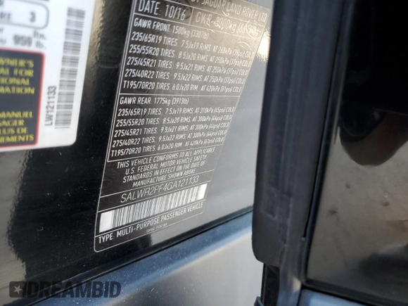 2016 Land Rover Range Rover Sport HSE with VIN SALWR2PF4GA121133, listed as a Copart auction lot 53843675 with 64,635 mi miles and Salvage title. Bid and sale history available at DreamBid. Image 13.