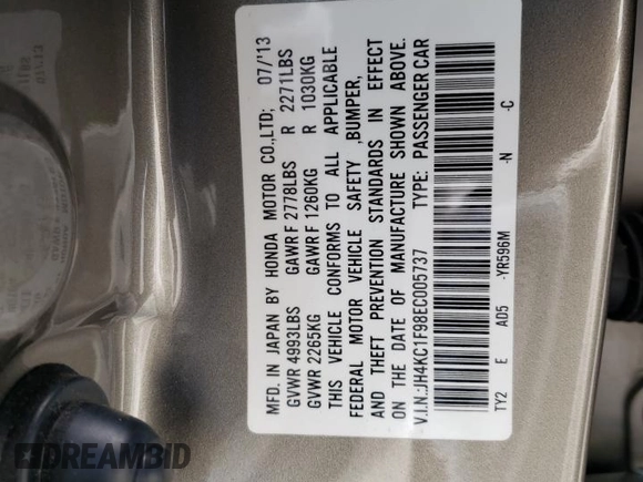 2014 Acura RLX Advance with VIN JH4KC1F98EC005737, listed as a Copart auction lot 56036515 with 52,839 mi miles and Salvage title. Bid and sale history available at DreamBid. Image 13.