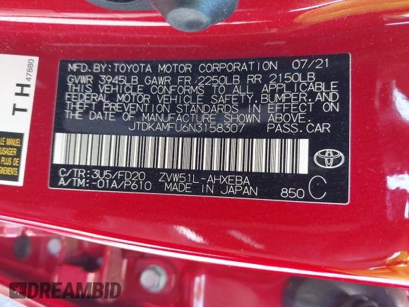 2022 Toyota Prius L Eco with VIN JTDKAMFU6N3158307, listed as a IAAI auction lot 42042768 with 17,882 mi miles and . Bid and sale history available at DreamBid. Image 9.