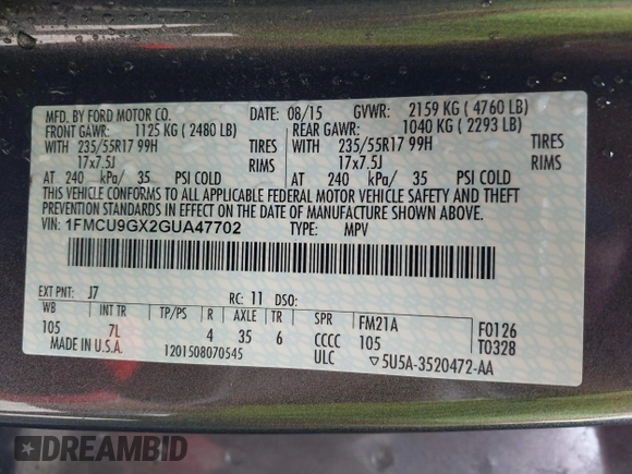 2016 Ford Escape SE z VIN 1FMCU9GX2GUA47702, wystawiony jako IAAI lot #42160145 z przebiegiem 90 765 mil mil oraz . Historia ofert i sprzedaży dostępna na DreamBid. Obrazek 9.