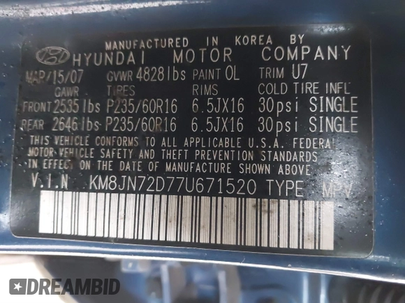 2007 Hyundai Tucson SE with VIN KM8JN72D77U671520, listed as a IAAI auction lot 41255727 with 181,374 mi miles and . Bid and sale history available at DreamBid. Image 9.
