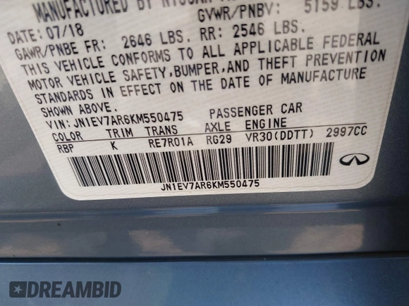 2019 Infiniti Q50 Luxe with VIN JN1EV7AR6KM550475, listed as a IAAI auction lot 42059071 with 79,534 mi miles and . Bid and sale history available at DreamBid. Image 9.