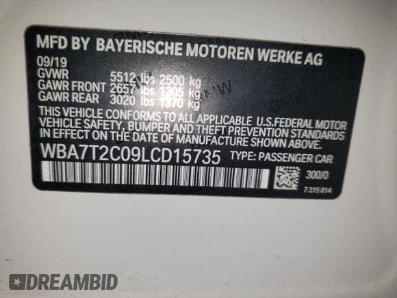 2020 BMW 7 Series 740i z VIN WBA7T2C09LCD15735, wystawiony jako Copart lot #54098325 z przebiegiem Nie podano mil oraz Szkoda całkowita • Salvage title. Historia ofert i sprzedaży dostępna na DreamBid. Obrazek 12.