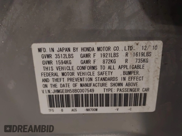 2011 Honda Fit Sport with VIN JHMGE8H58BC007549, listed as a IAAI auction lot 42054956 with 106,248 mi miles and . Bid and sale history available at DreamBid. Image 9.
