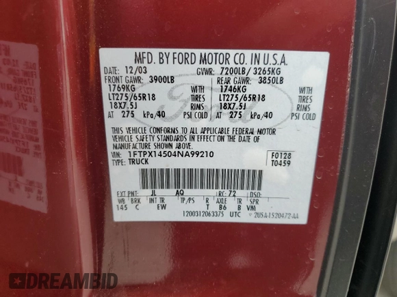 2004 Ford F-150 XLT with VIN 1FTPX14504NA99210, listed as a Copart auction lot 55646105 with 130,865 mi miles and Salvage Title. Bid and sale history available at carsss.com. Image 12.