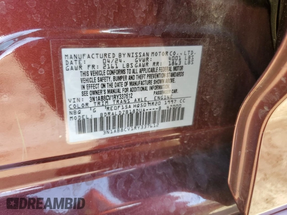 2024 Nissan Sentra SV with VIN 3N1AB8CV1RY337612, listed as a Copart auction lot 54198455 with 21,141 mi miles and Clean Title. Bid and sale history available at DreamBid. Image 13.