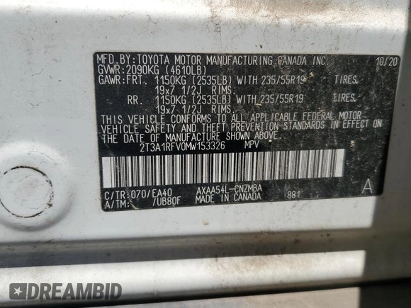 2021 Toyota RAV4 XLE Premium z VIN 2T3A1RFV0MW153326, wystawiony jako Copart lot #57799785 z przebiegiem Nie podano mil oraz Szkoda całkowita • Salvage title. Historia ofert i sprzedaży dostępna na DreamBid. Obrazek 13.