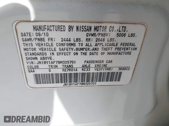 2011 Infiniti M with VIN JN1BY1AP7BM325701, listed as a IAAI auction lot 41861484 with 151,955 mi miles and . Bid and sale history available at DreamBid. Image 9.