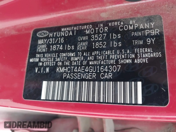 2016 Hyundai Accent SE z VIN KMHCT4AE4GU164307, wystawiony jako IAAI lot #42290071 z przebiegiem 126 426 mil mil oraz . Historia ofert i sprzedaży dostępna na DreamBid. Obrazek 9.