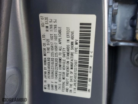2007 Honda CR-V EX with VIN JHLRE48587C072687, listed as a Copart auction lot 61468754 with 159,002 mi miles and Non Repairable. Bid and sale history available at carsss.com. Image 12.