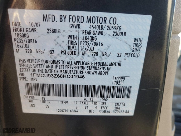 2008 Ford Escape XLT with VIN 1FMCU93Z68KC01946, listed as a Copart auction lot 47141445 with 152,589 mi miles and Salvage Title. Bid and sale history available at carsss.com. Image 13.