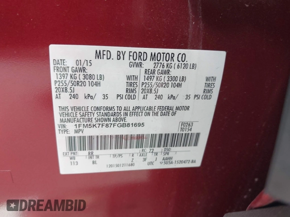 2015 Ford Explorer Limited with VIN 1FM5K7F87FGB81695, listed as a IAAI auction lot 42070352 with 93,110 mi miles and . Bid and sale history available at carsss.com. Image 9.