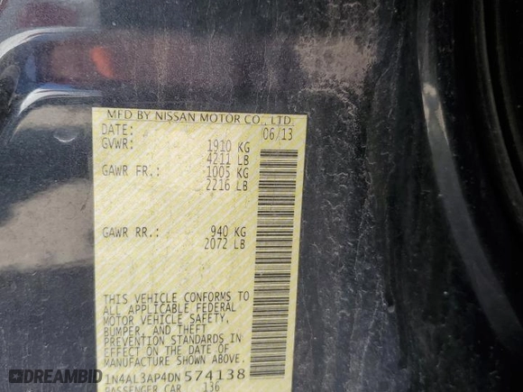 2013 Nissan Altima 2.5 S with VIN 1N4AL3AP4DN574138, listed as a Copart auction lot 48532035 with 154,218 mi miles and Salvage Title. Bid and sale history available at carsss.com. Image 12.