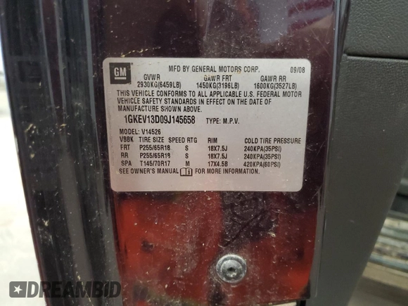 2009 GMC Acadia SLE1 z VIN 1GKEV13D09J145658, wystawiony jako Copart lot #51328715 z przebiegiem 136 454 mil mil oraz Szkoda całkowita • Salvage title. Historia ofert i sprzedaży dostępna na DreamBid. Obrazek 16.