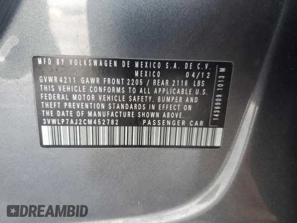 2012 Volkswagen Jetta SEL с VIN 3VWLP7AJ2CM452782, выставлен на аукционе Copart как лот 41502725 с пробегом 153 132 миль миль и Списание • Salvage title. История ставок и продаж доступна на DreamBid. Изображение 14.