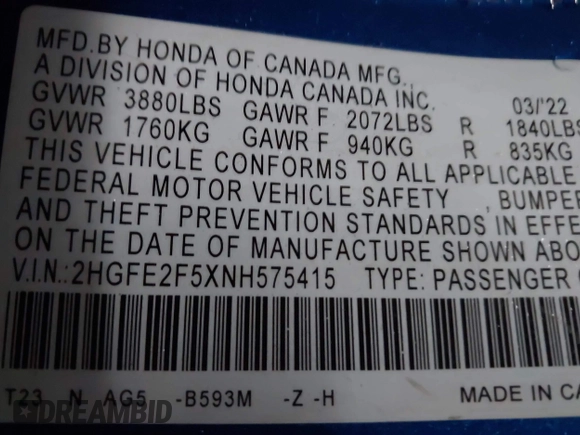 2022 Honda Civic Sedan Sport with VIN 2HGFE2F5XNH575415, listed as a IAAI auction lot 41227443 with 37,344 mi miles. Bid and sale history available at carsss.com. Image 9.