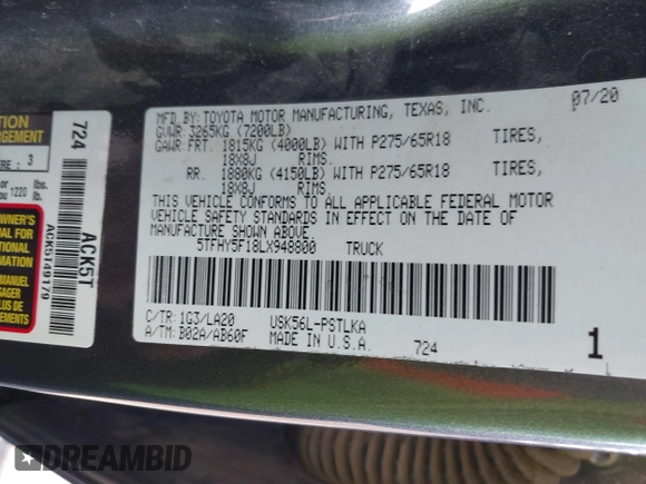 2020 Toyota Tundra Limited with VIN 5TFHY5F18LX948800, listed as a IAAI auction lot 41835190 with 103,619 mi miles and . Bid and sale history available at DreamBid. Image 9.