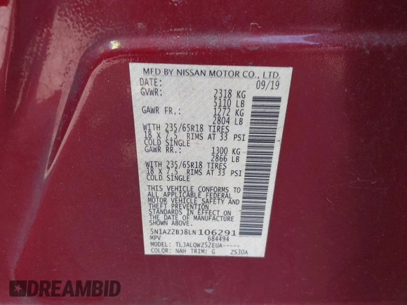 2020 Nissan Murano SV z VIN 5N1AZ2BJ8LN106291, wystawiony jako IAAI lot #42065013 z przebiegiem 168 725 mil mil oraz . Historia ofert i sprzedaży dostępna na DreamBid. Obrazek 9.