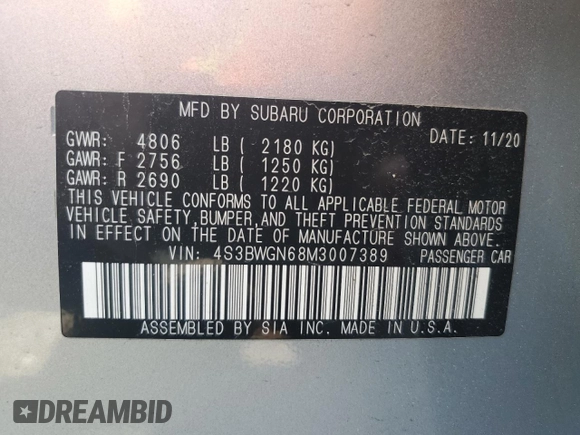2021 Subaru Legacy Limited XT with VIN 4S3BWGN68M3007389, listed as a Copart auction lot 62061894 with 68,667 mi miles and Non repairable. Bid and sale history available at DreamBid. Image 12.