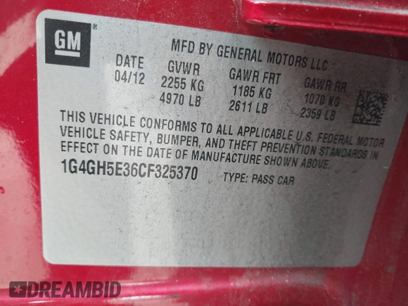 2012 Buick LaCrosse Premium 3 with VIN 1G4GH5E36CF325370, listed as a IAAI auction lot 42429127 with 73,578 mi miles and . Bid and sale history available at DreamBid. Image 9.