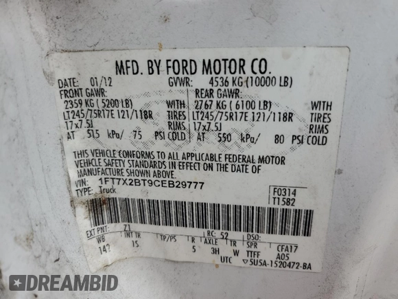 2012 Ford F-250 XL with VIN 1FT7X2BT9CEB29777, listed as a Copart auction lot 63227254 with Not provided miles and Non repairable. Bid and sale history available at DreamBid. Image 12.