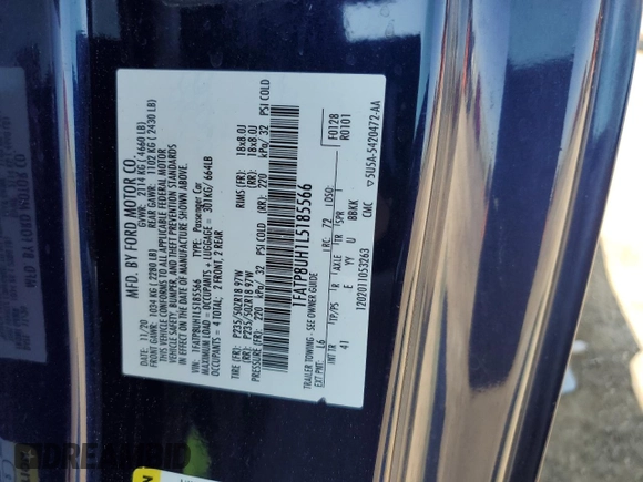 2020 Ford Mustang EcoBoost z VIN 1FATP8UH1L5185566, wystawiony jako Copart lot #56240345 z przebiegiem 62 934 mil mil oraz Szkoda całkowita • Salvage title. Historia ofert i sprzedaży dostępna na DreamBid. Obrazek 12.
