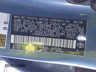 2009 Toyota Prius with VIN JTDKB20UX97824741, listed as a IAAI auction lot 41357229 with 112,448 mi miles and . Bid and sale history available at DreamBid. Image 9.
