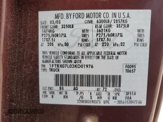 2003 Ford F-150 XL with VIN 1FTRX07L03KD01976, listed as a Copart auction lot 44358785 with 176,418 mi miles and Salvage title. Bid and sale history available at DreamBid. Image 13.
