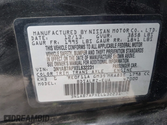 2014 Nissan Sentra S with VIN 3N1AB7APXEL632231, listed as a IAAI auction lot 42011970 with 140,963 mi miles and . Bid and sale history available at DreamBid. Image 9.