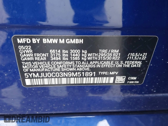 2022 BMW X5 M z VIN 5YMJU0C03N9M51891, wystawiony jako IAAI lot #41737922 z przebiegiem 35 725 mil mil oraz . Historia ofert i sprzedaży dostępna na DreamBid. Obrazek 9.