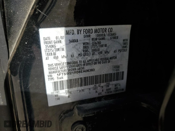 2008 Ford F-250 XL with VIN 1FTSW21R68EA06383, listed as a Copart auction lot 54917015 with 195,462 mi miles and Salvage title. Bid and sale history available at DreamBid. Image 13.
