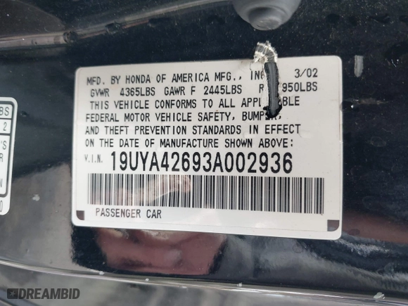 2003 Acura CL Type S with VIN 19UYA42693A002936, listed as a IAAI auction lot 41807300 with 141,458 mi miles. Bid and sale history available at carsss.com. Image 9.