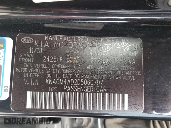 2013 Kia Optima Hybrid LX with VIN KNAGM4AD2D5060797, listed as a Copart auction lot 57006234 with 119,443 mi miles and Clean Title. Bid and sale history available at carsss.com. Image 12.
