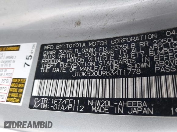 2008 Toyota Prius with VIN JTDKB20U983411778, listed as a IAAI auction lot 41685366 with 351,156 mi miles. Bid and sale history available at carsss.com. Image 9.