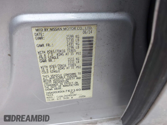 2014 Nissan Frontier SV with VIN 1N6AD0ER0EN762140, listed as a IAAI auction lot 42214106 with 188,824 mi miles and . Bid and sale history available at DreamBid. Image 9.