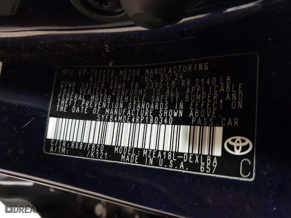 2024 Toyota Corolla LE with VIN 5YFB4MDE4RP180340, listed as a IAAI auction lot 41550229 with 48,128 mi miles. Bid and sale history available at carsss.com. Image 9.