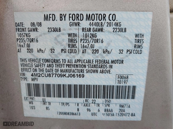 2009 Mercury Mariner Premier with VIN 4M2CU87709KJ06169, listed as a Copart auction lot 45117035 with 208,223 mi miles and Salvage Title. Bid and sale history available at carsss.com. Image 14.