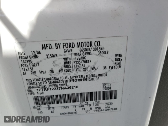 2007 Ford F-150 XL with VIN 1FTRF12237NA36210, listed as a Copart auction lot 53403445 with 153,202 mi miles and Clean Title. Bid and sale history available at carsss.com. Image 12.