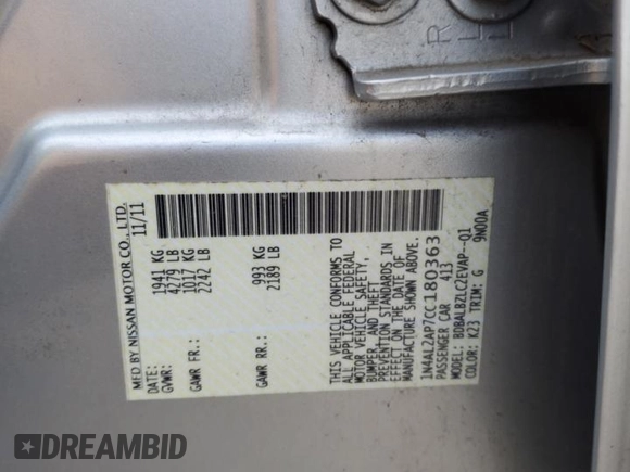 2012 Nissan Altima S with VIN 1N4AL2AP7CC180363, listed as a Copart auction lot 47860315 with 166,659 mi miles and Salvage Title. Bid and sale history available at DreamBid. Image 12.