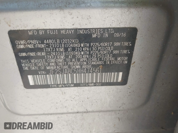 2017 Subaru Forester with VIN JF2SJABC5HH474561, listed as a IAAI auction lot 42532755 with 99,797 mi miles and . Bid and sale history available at DreamBid. Image 9.