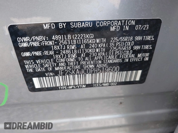 2023 Subaru Forester Sport with VIN JF2SKAJC0PH519600, listed as a IAAI auction lot 41880854 with 27,996 mi miles. Bid and sale history available at carsss.com. Image 9.