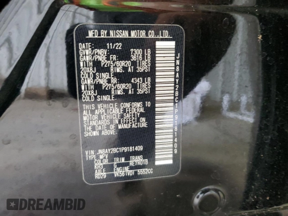 2023 Nissan Armada SL z VIN JN8AY2BC1P9181409, wystawiony jako Copart lot #61060845 z przebiegiem 52 388 mil mil oraz Szkoda całkowita • Salvage title. Historia ofert i sprzedaży dostępna na DreamBid. Obrazek 14.