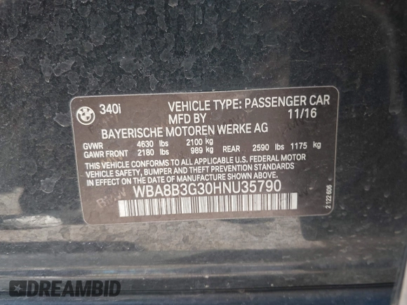 2017 BMW 3 Series 340i with VIN WBA8B3G30HNU35790, listed as a IAAI auction lot 42050979 with 106,542 mi miles and . Bid and sale history available at DreamBid. Image 9.