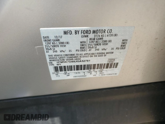 2018 Ford Explorer XLT with VIN 1FM5K7D88JGA52781, listed as a Copart auction lot 60280685 with 59,687 mi miles and Salvage title. Bid and sale history available at DreamBid. Image 14.