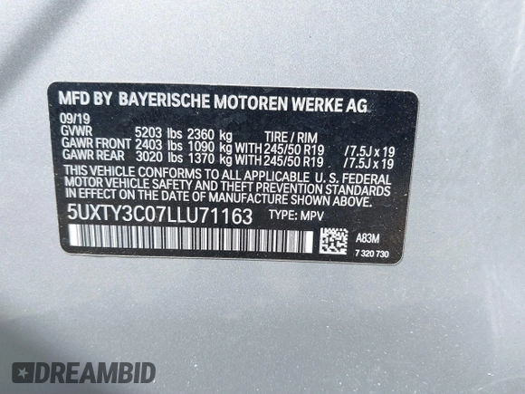 2020 BMW X3 sDrive30i with VIN 5UXTY3C07LLU71163, listed as a IAAI auction lot 41844358 with 80,962 mi miles and . Bid and sale history available at DreamBid. Image 9.