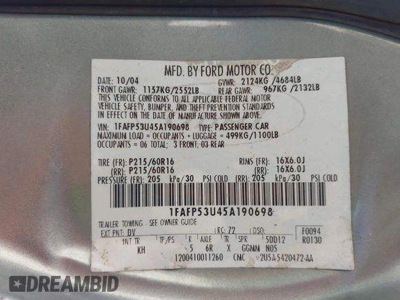 2005 Ford Taurus SE with VIN 1FAFP53U45A190698, listed as a IAAI auction lot 42302351 with 163,744 mi miles and . Bid and sale history available at DreamBid. Image 9.