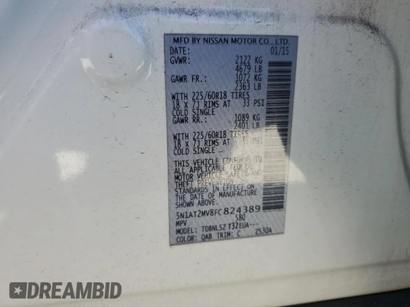 2015 Nissan Rogue SL z VIN 5N1AT2MV8FC824389, wystawiony jako Copart lot #58224165 z przebiegiem 96 545 mil mil oraz Szkoda całkowita • Salvage title. Historia ofert i sprzedaży dostępna na DreamBid. Obrazek 12.