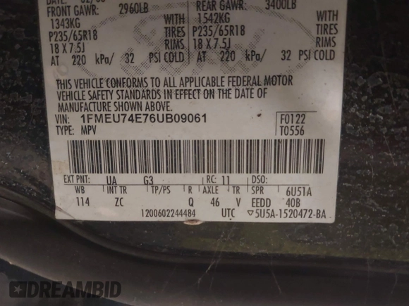 2006 Ford Explorer Eddie Bauer with VIN 1FMEU74E76UB09061, listed as a IAAI auction lot 42705746 with 228,753 mi miles and . Bid and sale history available at DreamBid. Image 9.