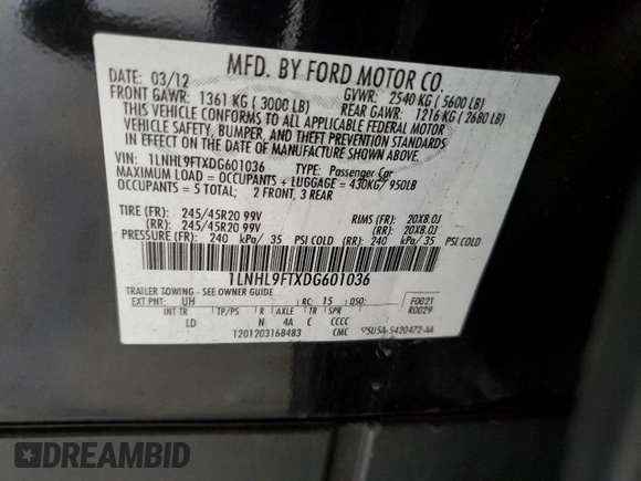 2013 Lincoln MKS EcoBoost with VIN 1LNHL9FTXDG601036, listed as a Copart auction lot 54753545 with 178,246 mi miles and Clean Title. Bid and sale history available at carsss.com. Image 12.